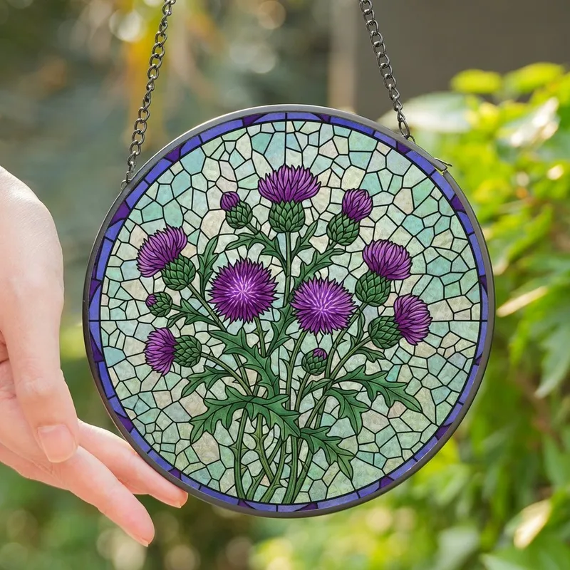 Nature Lovers' Intricate Tiffany-Style Stained Glass Purple Lavender Thistle Emerald Green Mosaic Pattern Stained Glass Suncatcher - 1
