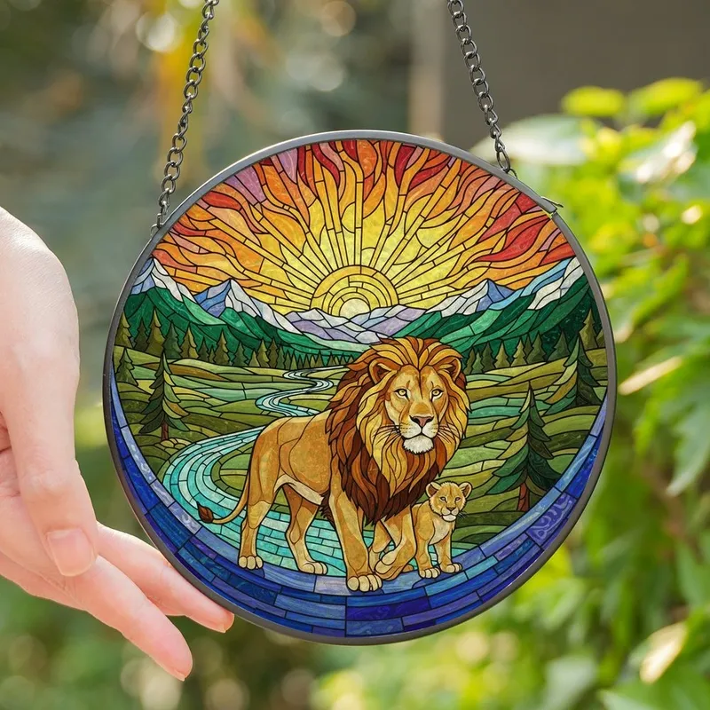 Wildlife Lovers' Edge-to-Edge Stained Glass Lion & Cub Mountain River Jewel Tone Mosaic Stained Glass Suncatcher - 9afEY-YCro