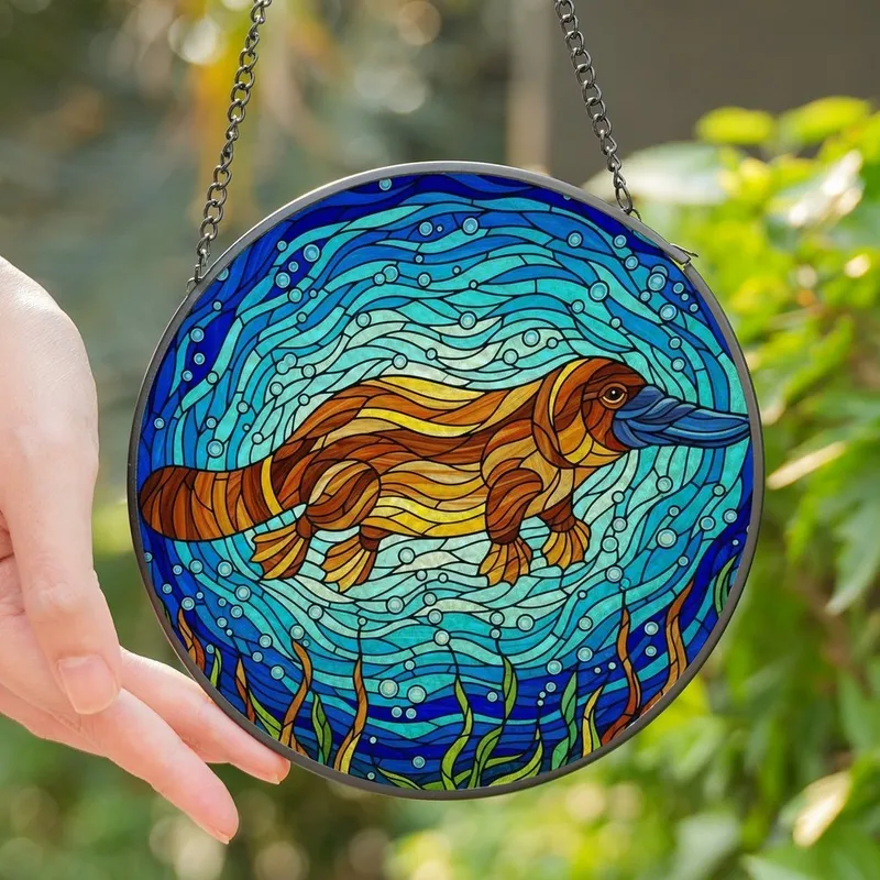 Nature Lovers' Tiffany Stained Glass Whimsical Platypus Aquatic Mosaic Jewel Tones Warm Browns Golden Yellows Teal Blues Stained Glass Suncatcher - 1