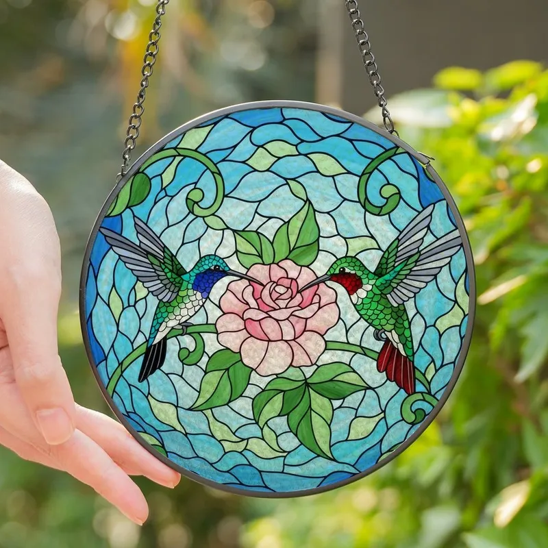 Nature Lovers' Tiffany Stained Glass Hummingbirds & Pink Flower Jewel Tone Intricate Art Stained Glass Suncatcher - 1