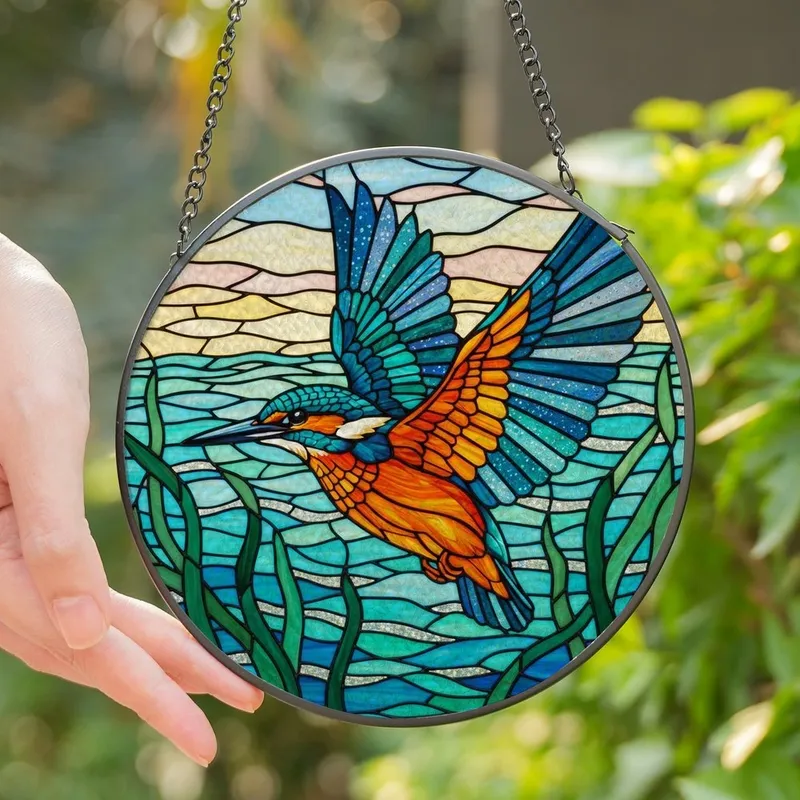 Nature Lovers' Vibrant Teal Orange Kingfisher Stained Glass Water Sky Mosaic Stained Glass Suncatcher - 1