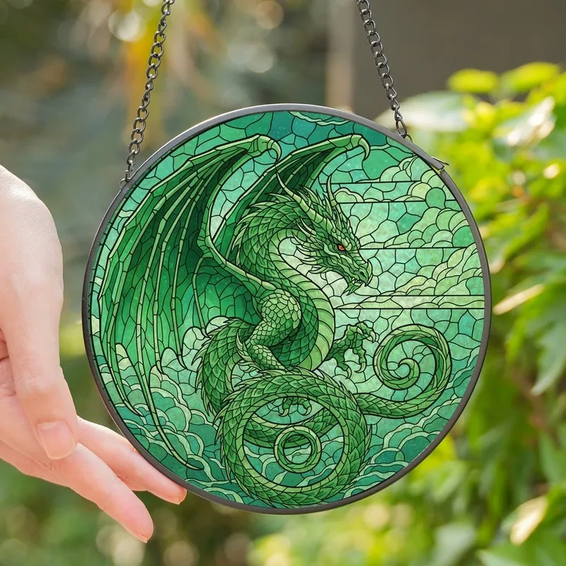 Fantasy Art Lovers' Majestic Dragon Tiffany Stained Glass Emerald Teal Fiery Orange Mosaic Art Stained Glass Suncatcher - 1