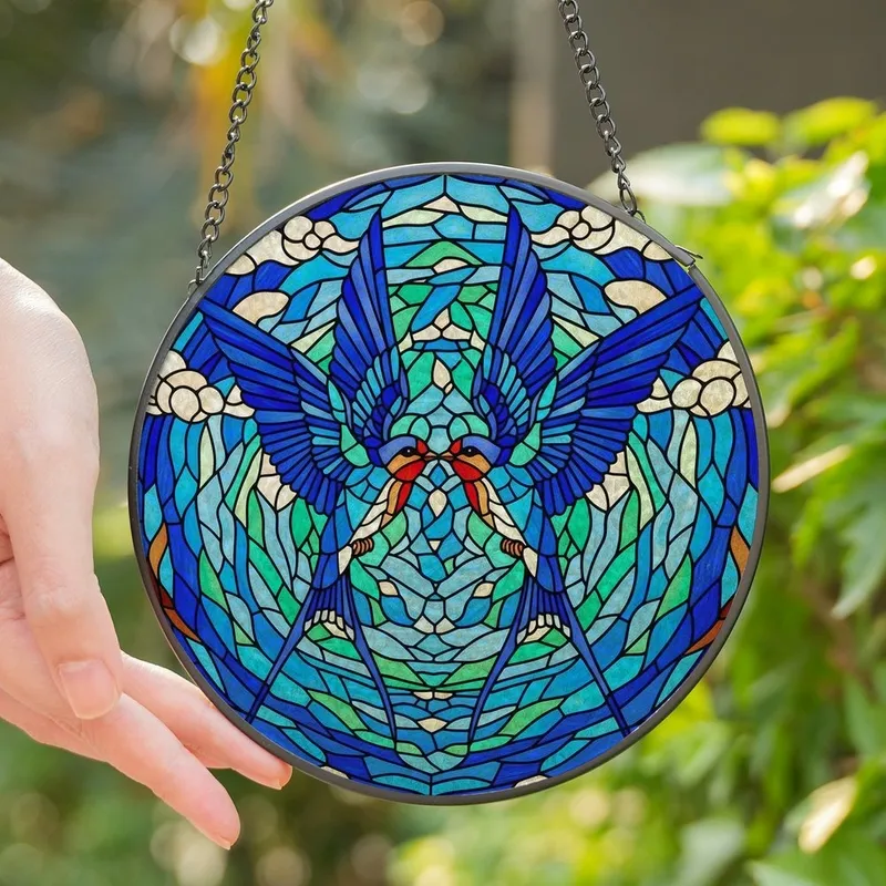 Nature Lovers' Tiffany Stained Glass Swallows Embrace Jewel Tone Mosaic Design Stained Glass Suncatcher - 1
