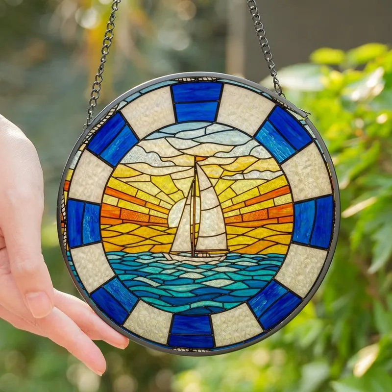 Nautical Enthusiasts' Tiffany Stained Glass White Sailboat Lifebuoy Coastal Sunset Mosaic Royal Blue Golden Orange Teal Stained Glass Suncatcher - 1