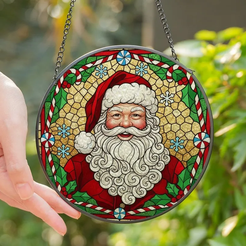 Holiday Enthusiasts' Vibrant Stained Glass Santa Tiffany Style Holly Candy Cane Snowflake Mosaic Stained Glass Suncatcher - aLtzsanYG3