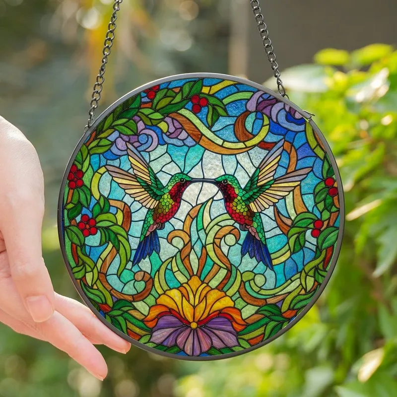 Nature Lovers' Vibrant Stained Glass Hummingbirds Floral Garland Jewel Tone Mosaic Art Stained Glass Suncatcher - fY1ntSZU92
