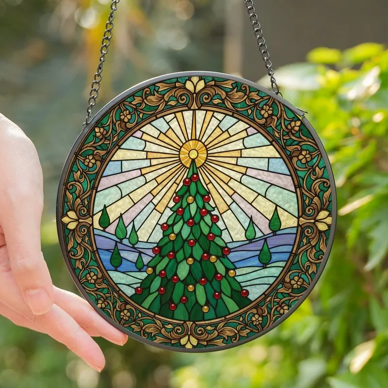 Holiday Admirers' Jewel Tone Tiffany Stained Glass Christmas Tree Golden Star Mosaic Stained Glass Suncatcher - xNWHDShwhv