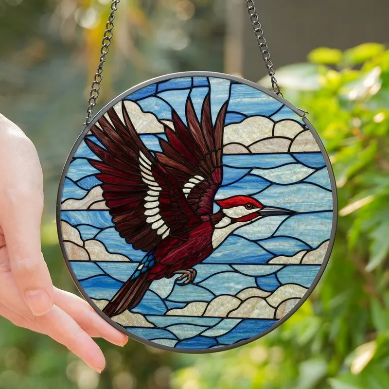 Nature Lover's Stained Glass Woodpecker Red Crown Flight Tiffany Mosaic Art Stained Glass Suncatcher - 1