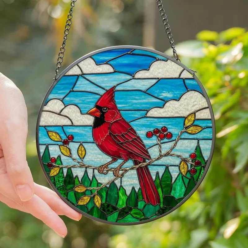 Nature Lovers' Vibrant Red Cardinal Stained Glass Mosaic Tiffany Style Blue Sky Green Foliage Stained Glass Suncatcher - oP9ZTl1Jtr