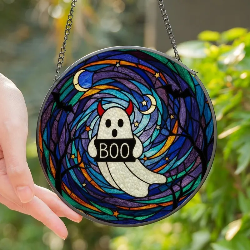 Halloween Enthusiasts' Whimsical Stained Glass Ghost BOO Ruby Horns Jewel Tone Night Sky Mosaic Stained Glass Suncatcher - 1