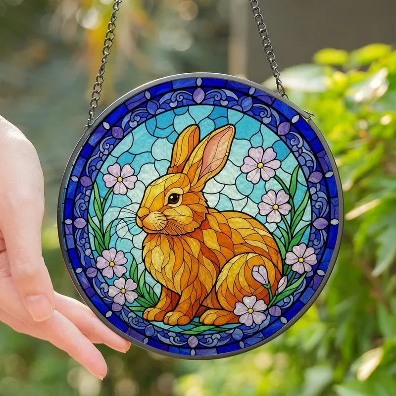 Whimsical Art Lovers' Jewel Tone Stained Glass Golden Rabbit Floral Blue Sky Mosaic Stained Glass Suncatcher - 1