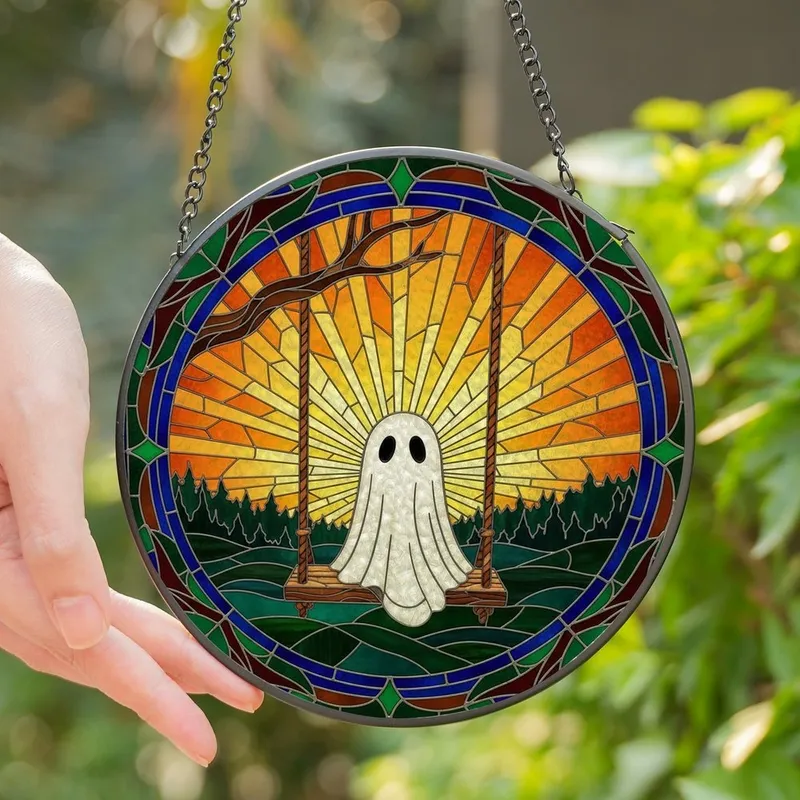 Whimsical Art Lovers' Tiffany Stained Glass Ghost Rustic Swing Sunset Mosaic Jewel Tones Stained Glass Suncatcher - 1