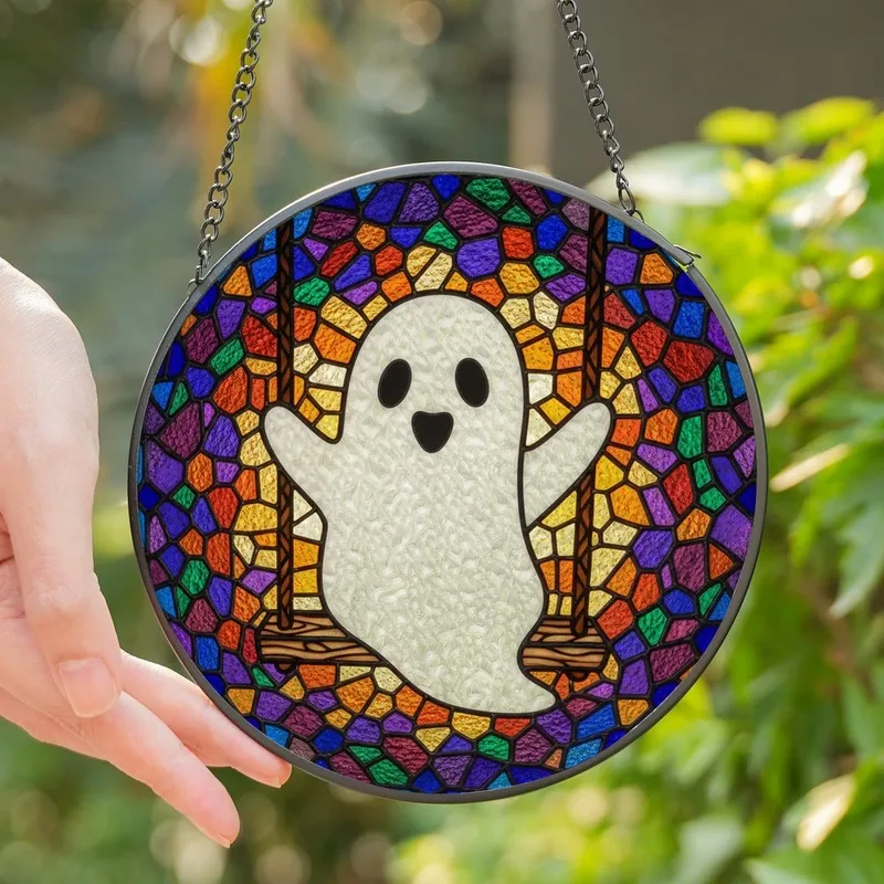 Fantasy Art Enthusiasts' Happy Ghost Swinging Tiffany Stained Glass Vibrant Jewel Tone Mosaic Stained Glass Suncatcher - 1