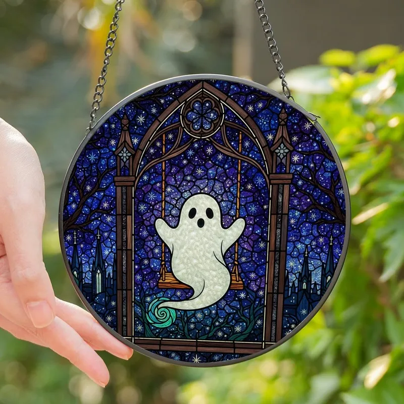 Spooky Cute Fans Tiffany Style Stained Glass Cute Ghost on Swing, Gothic Arch Mystical Night Sky Mosaic, Jewel Tones Stained Glass Suncatcher - 1