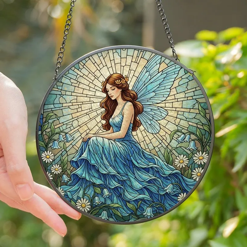 Fantasy Art Lovers' Tiffany Stained Glass Fairy Iridescent Blue Gown Floral Mosaic Ethereal Glow Stained Glass Suncatcher - 1
