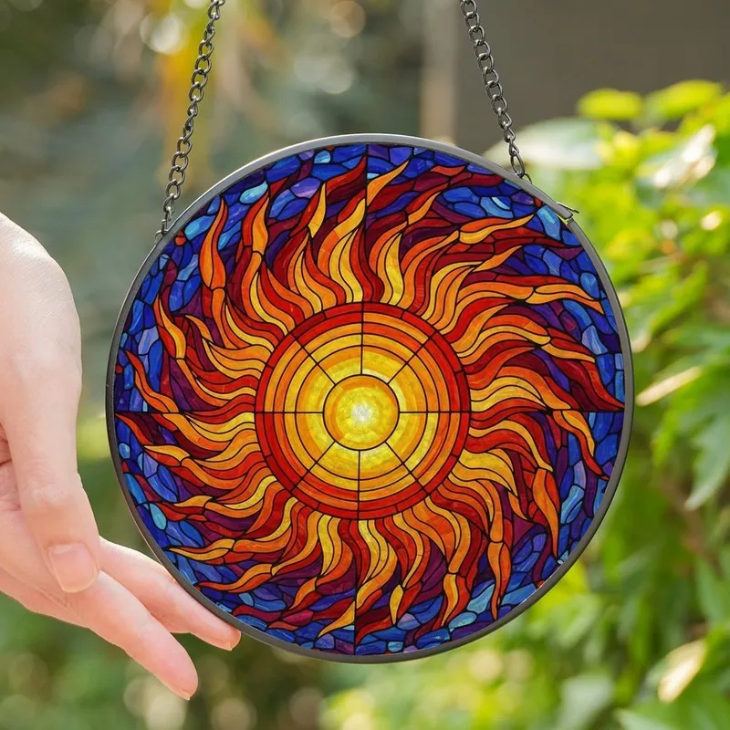 Art Lovers' Intricate Stained Glass Radiant Sun Fiery Swirling Cosmic Mosaic Jewel Tones Stained Glass Suncatcher - 1