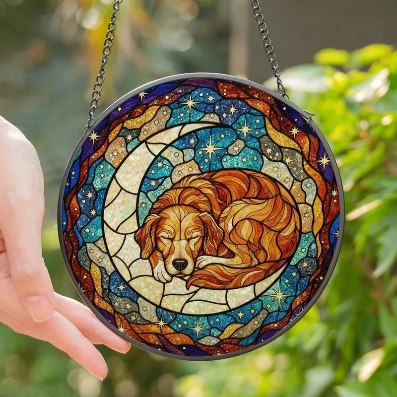 Dog Lovers' Intricate Tiffany Stained Glass Sleeping Golden Retriever Moon Nebula Teal Amber Gold Art Stained Glass Suncatcher - xeKbLWqltM