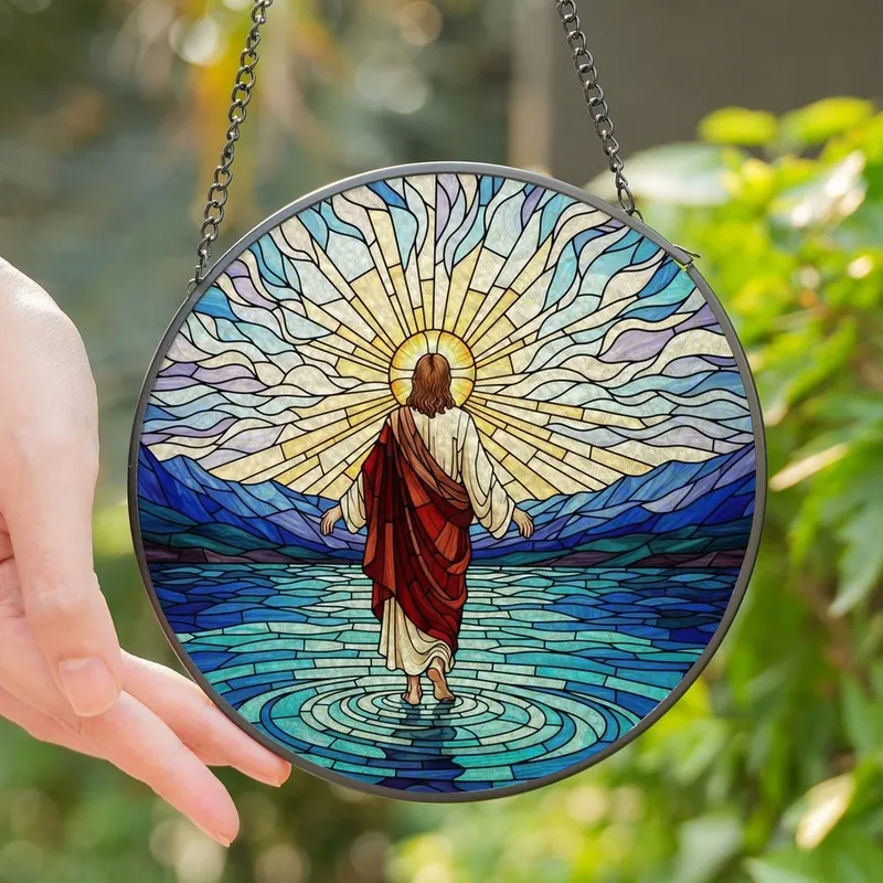 Serene Art Admirers Tiffany Stained Glass Jesus Walking Water, Golden Halo, Jewel Tone Ethereal Landscape Stained Glass Suncatcher - NmKMvhT7Xf