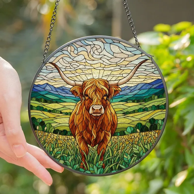 Highland Cow Lovers' Majestic Stained Glass Portrait Golden Orange Green Hills Intricate Mosaic Stained Glass Suncatcher - 1