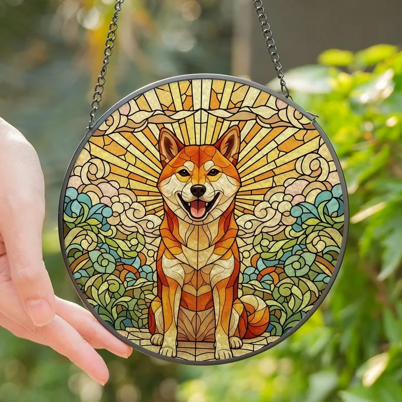 Shiba Inu Lovers' Joyful Stained Glass Shiba Dog Smiling Mosaic with Orange Amber Swirling Jewel Tones Stained Glass Suncatcher - 1