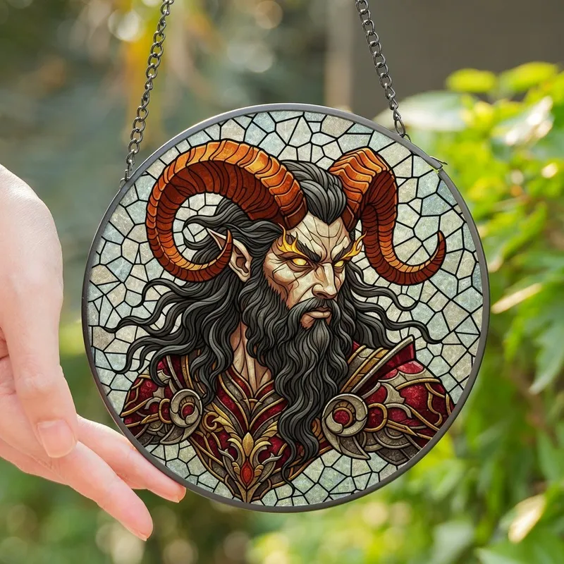 Fantasy Art Enthusiasts' Detailed Tiffany Stained Glass Satyr Bust Orange Horns Glowing Yellow Eyes Red Gold Armor Mosaic Stained Glass Suncatcher - 1