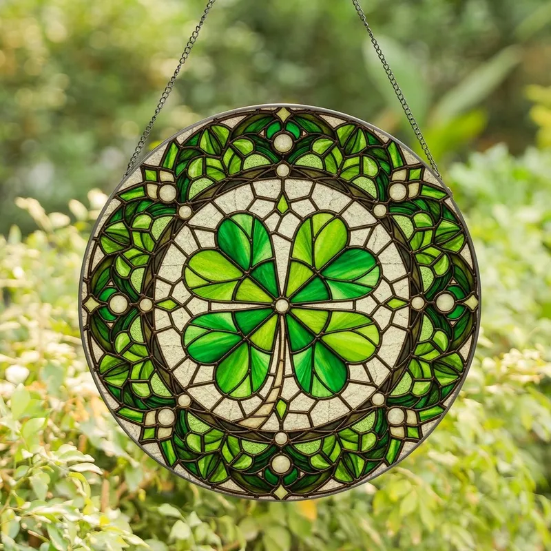 Nature & Art Lovers' Intricate Emerald Green Four-Leaf Clover Stained Glass Tiffany Bronze Cabochon Art Stained Glass Suncatcher - 1