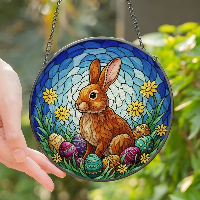 Nature & Art Lovers' Brown-Orange Bunny, Tiffany Stained Glass Easter Eggs, Daisies & Cloud Mosaic Stained Glass Suncatcher - 1