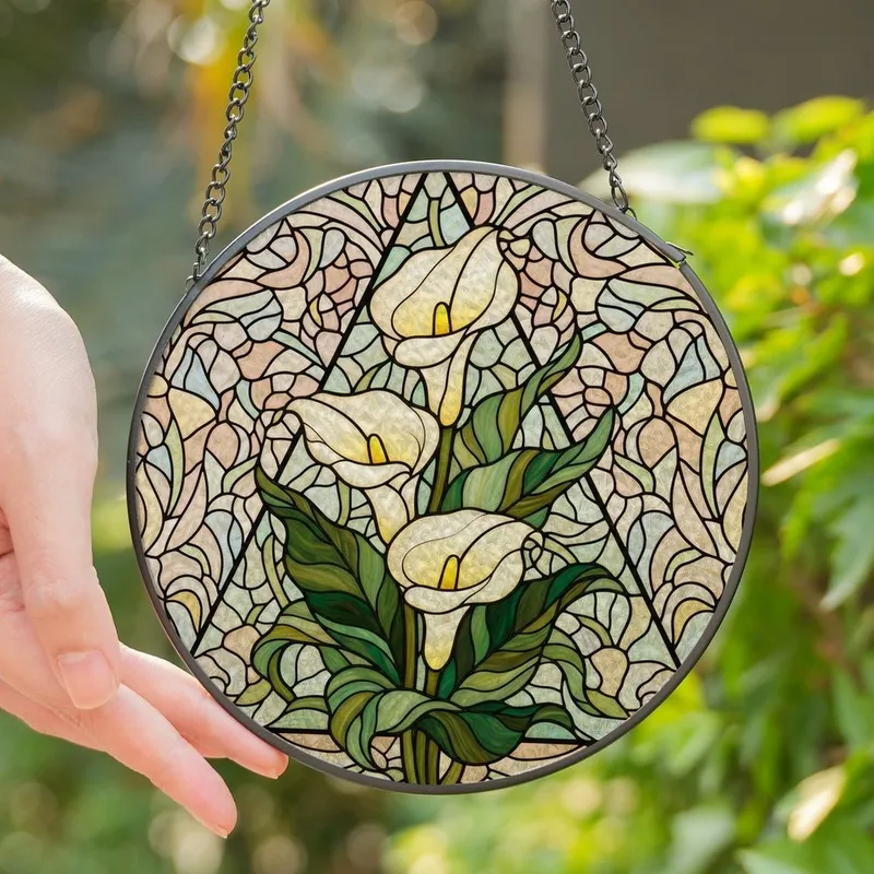 Art Lovers' Stained Glass Calla Lily Floral Mosaic Creamy White Yellow Green Tiffany Style Intricate Botanical Pattern Stained Glass Suncatcher - 1