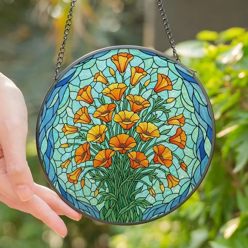 Art Lovers' Tiffany Stained Glass California Poppy Floral Bouquet Orange Yellow Green Blue Mosaic Stained Glass Suncatcher - 1