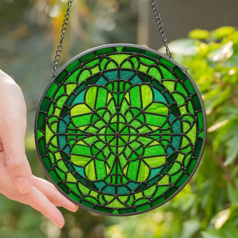 Stained Glass Art Fans' Vibrant Tiffany Style Four-Leaf Clover Emerald Lime Teal Green Mosaic Stained Glass Suncatcher - 1