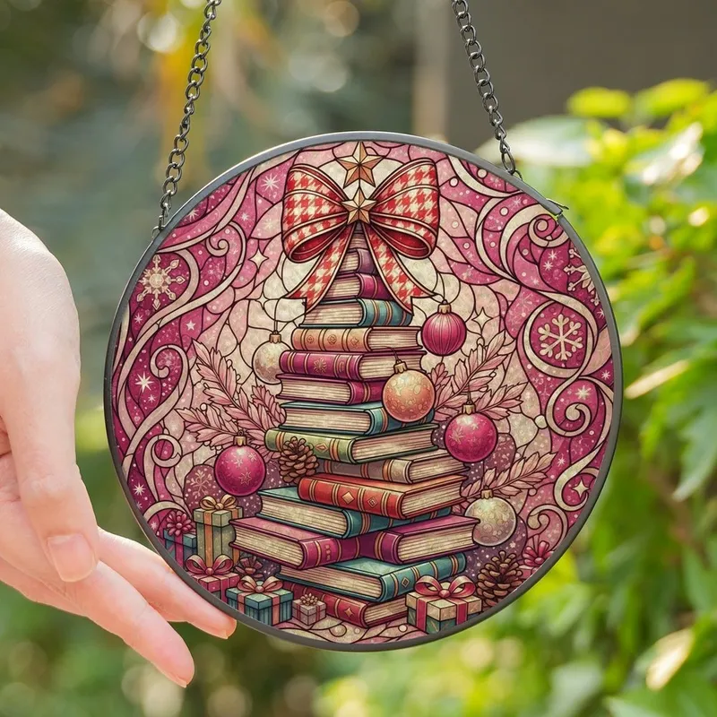 Holiday Book Lovers' Tiffany Style Stained Glass Book Tree Winter Patterns Rose Red Gold Stained Glass Suncatcher - 1