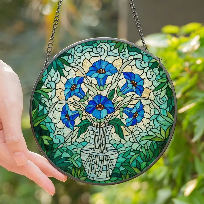 Art & Nature Lovers' Intricate Tiffany Style Stained Glass Blue Flower Vase Mosaic Lush Foliage Stained Glass Suncatcher - 1