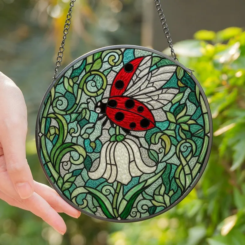 Nature Lovers' Vibrant Stained Glass Ladybug White Bell Flower Emerald Green Leaves Tiffany Style Mosaic Pattern Stained Glass Suncatcher - 1