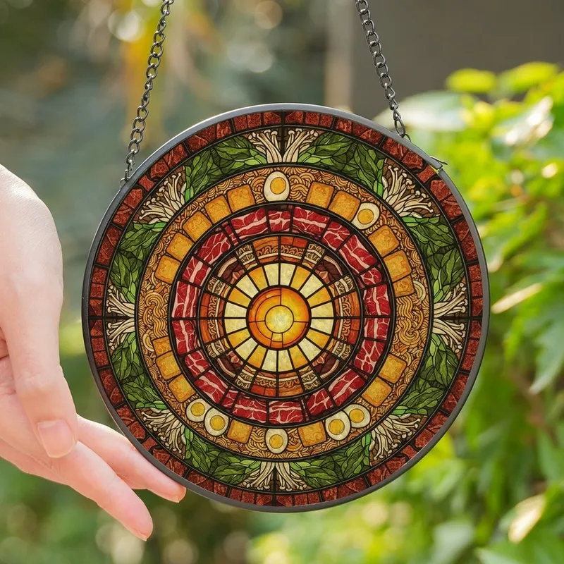 Culinary Art Lovers' Vibrant Stained Glass Hot Pot Ramen Culinary Wheel Radial Mosaic Orange Yellow Red Green Jewel Tones Stained Glass Suncatcher - 1