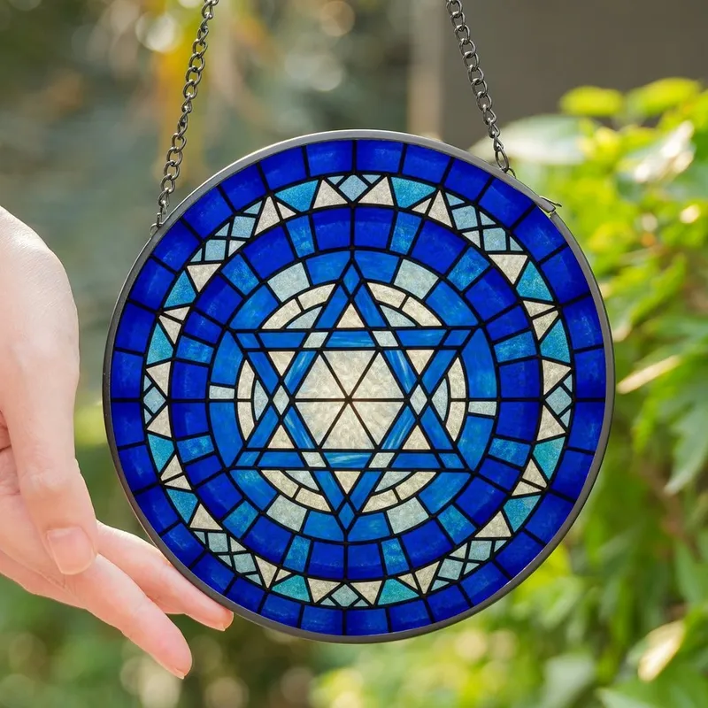 Intricate Art Lovers' Tiffany Style Royal Blue Stained Glass Star of David Geometric Pattern Stained Glass Suncatcher - 1