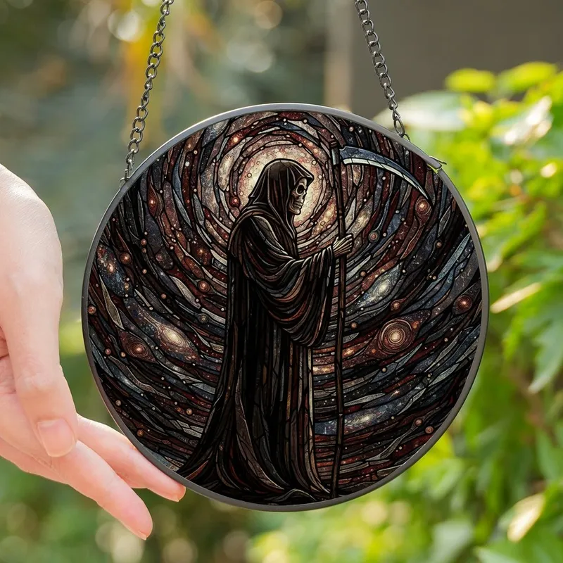 Dark Fantasy Enthusiasts' Tiffany Stained Glass Grim Reaper Cosmic Void Mosaic Jewel Tones Stained Glass Suncatcher - 1