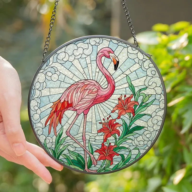 Nature Lovers' Vibrant Stained Glass Pink Flamingo Tropical Lily Tiffany Style Mosaic Stained Glass Suncatcher - 1