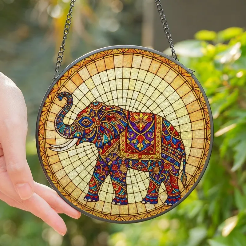 Elephant Lovers' Majestic Stained Glass Elephant Mosaic Art, Jewel Tone Floral Geometric Patterns, Glowing Tiffany Style Stained Glass Suncatcher - 1