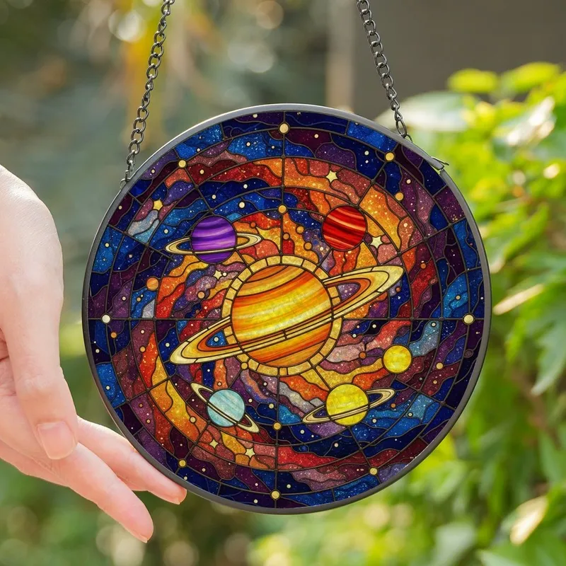 Space Art Fans' Intricate Tiffany Stained Glass Golden Saturn Cosmic Nebula Mosaic Stained Glass Suncatcher - 1