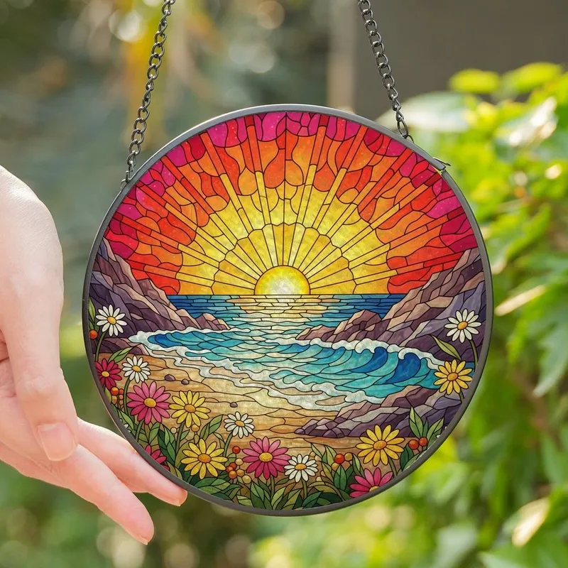 Nature Lovers' Glowing Stained Glass Coastal Sunrise Beach Wildflowers Ocean Mosaic Pattern Stained Glass Suncatcher - 1