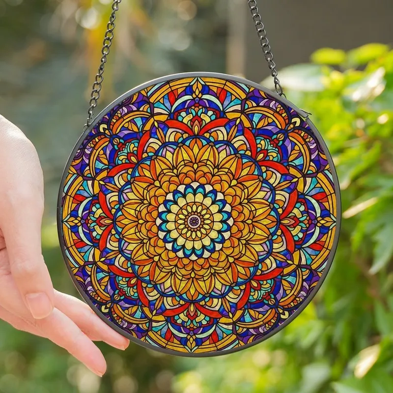 Art Lovers' Radiant Tiffany Stained Glass Floral Mandala Intricate Petal Mosaic Jewel Tones Stained Glass Suncatcher - ElmGbXE5Oe