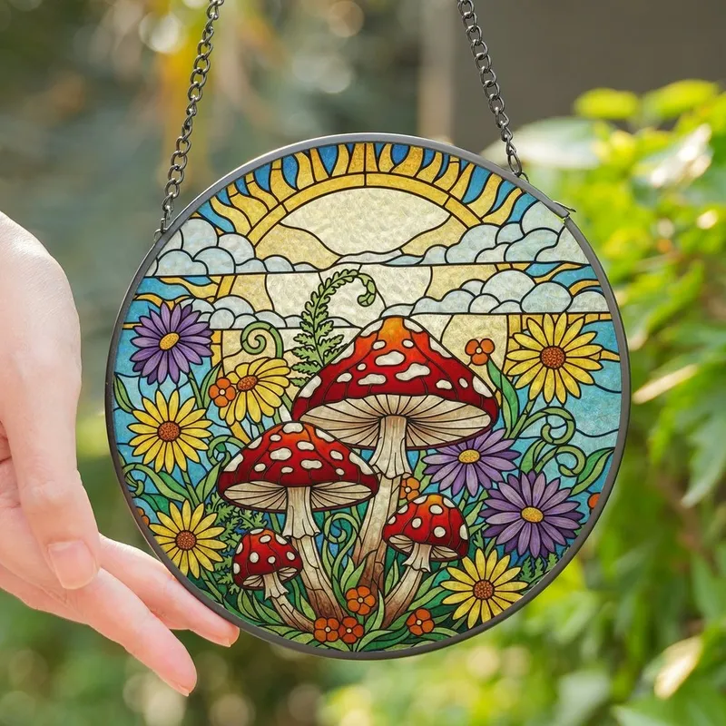 Nature Lovers' Tiffany Stained Glass Mushroom Wildflower Sun Mosaic Red Green Purple Stained Glass Suncatcher - cu7CNSDKa5