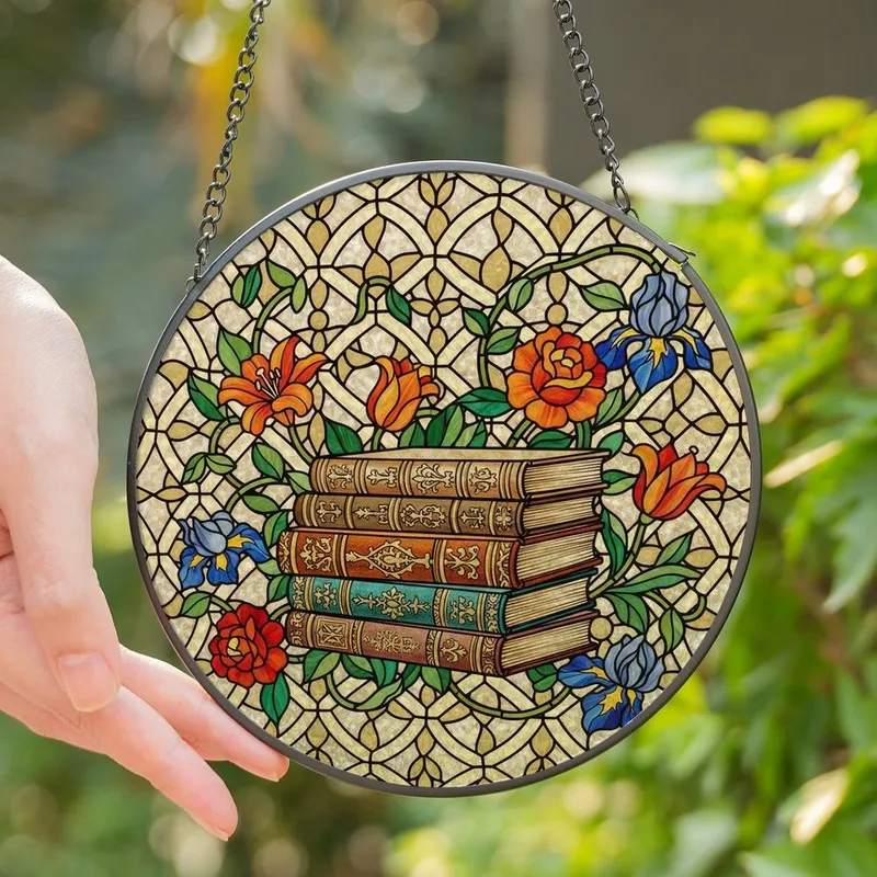 Book Lovers' Tiffany Stained Glass Vintage Books Floral Geometric Mosaic Jewel Tones Stained Glass Suncatcher - FGDwDKCzGf