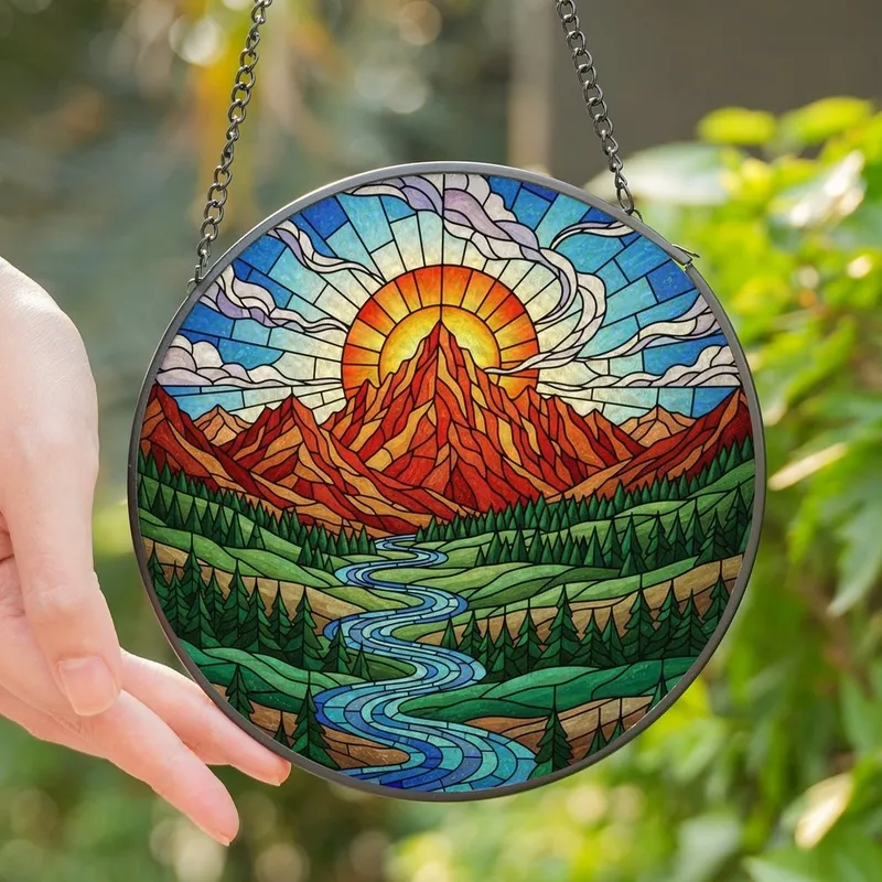Outdoor Enthusiasts' Jewel Tone Stained Glass Mountain Forest River Radiant Sun Mosaic Stained Glass Suncatcher - 1