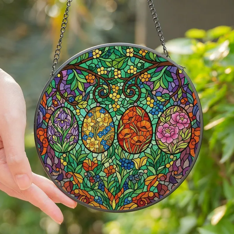 Spring Decorators' Vibrant Tiffany-Style Stained Glass Easter Eggs, Floral Mosaic Art Stained Glass Suncatcher - 1