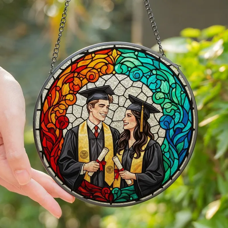 Graduation Celebrators Jewel-Toned Stained Glass Joyful Graduates Floral Mosaic Border Stained Glass Suncatcher - 1