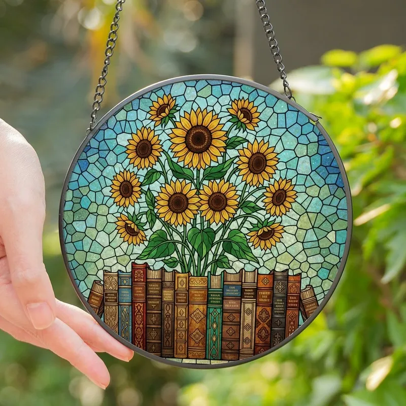 Art & Nature Lovers' Jewel Tone Tiffany Stained Glass Sunflower & Book Mosaic Stained Glass Suncatcher - d2MYXv_gEh