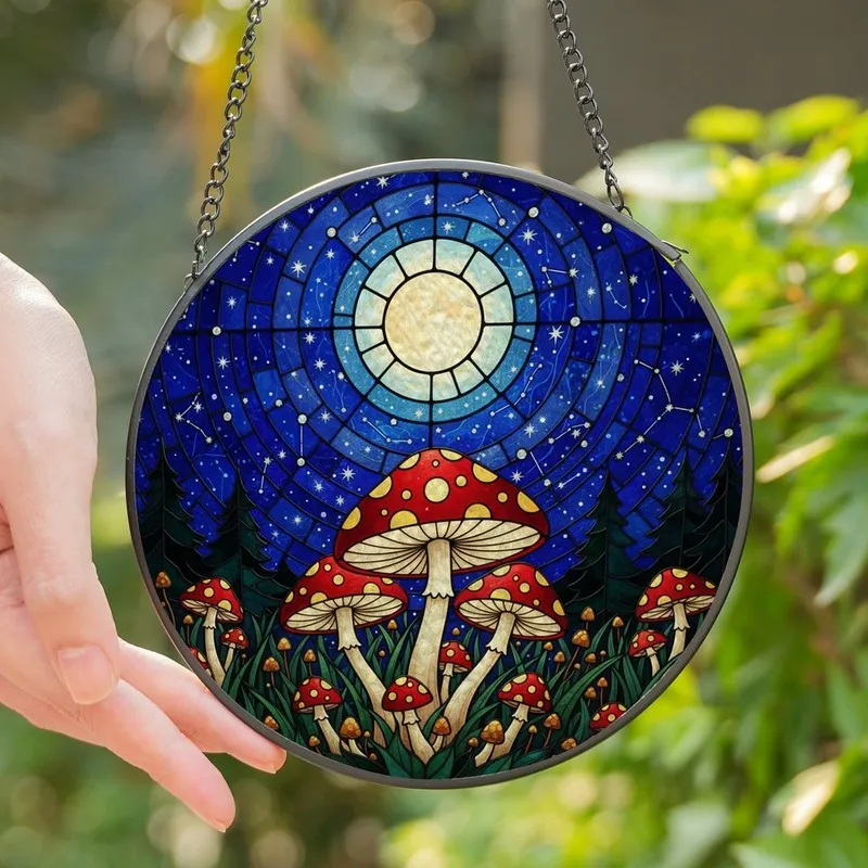 Nature & Fantasy Enthusiasts' Jewel Tone Stained Glass Glowing Mushroom Starry Night Forest Mosaic Stained Glass Suncatcher - 1