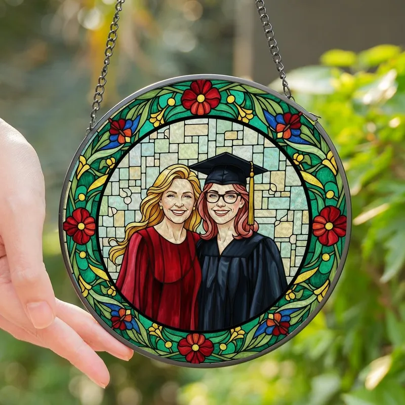 Graduation Celebration Joyful Women Stained Glass Ruby Emerald Gold Floral Butterfly Mosaic Stained Glass Suncatcher - 1