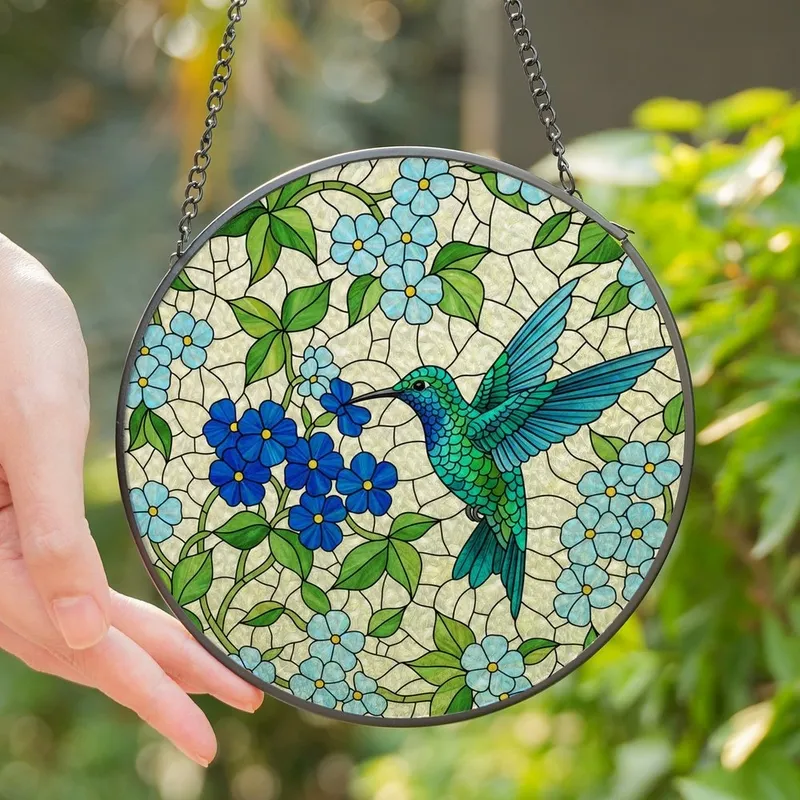 Nature Lovers' Tiffany Stained Glass Hummingbird Teal Emerald Green Blue Floral Mosaic Design Stained Glass Suncatcher - 1